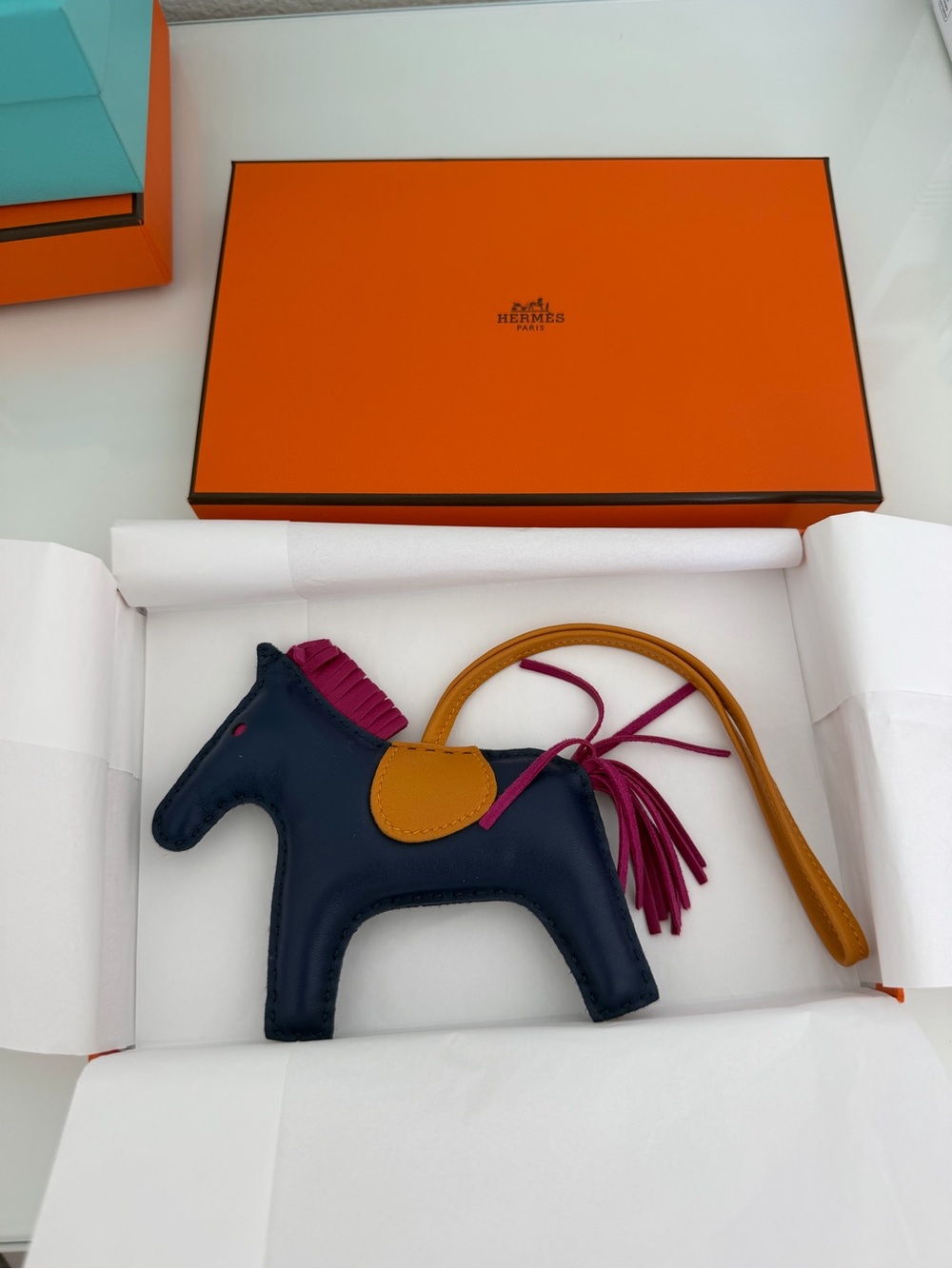 Hermes Navy Blue & Magenta Rodeo Horse Bag Charm with Tan Strap - Picture 1 of 1